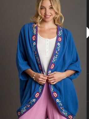 Umgee Blue Embroidered Open-Front Kimono Cardigan